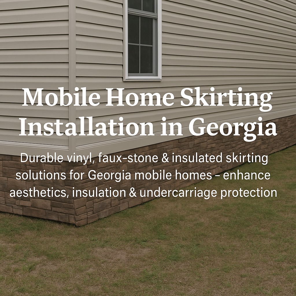 Mobile home with new skirting panels installed in Georgia, showing foundation covering