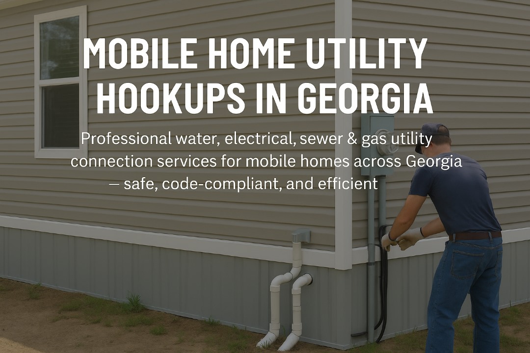 Technician connecting electrical and plumbing utilities to a mobile home in Georgia