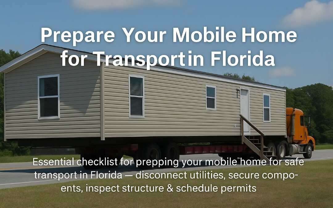 Mobile home on transport truck in Florida, representing pre-transport preparation steps