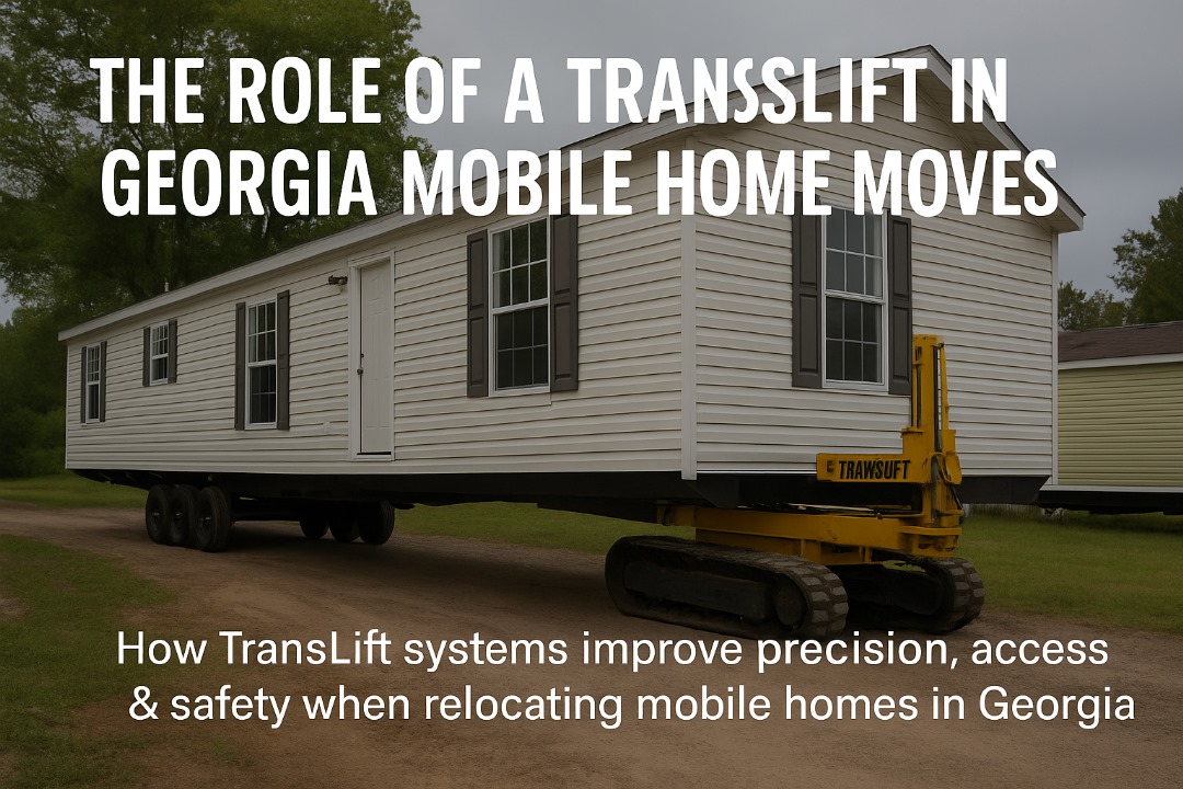 TransLift hydraulic crawler lifting a mobile home — illustrating precision relocation equipment