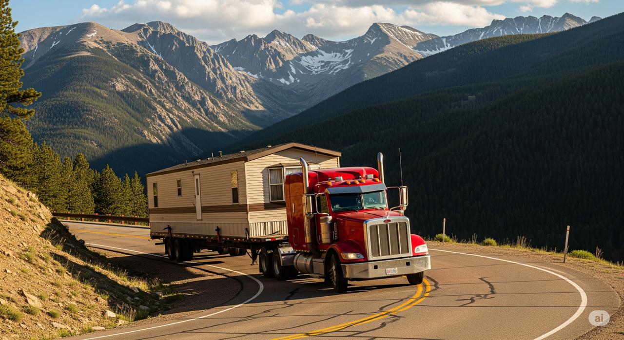 A professional moving truck safely transports a mobile home on a narrow, winding road through the Colorado mountains.