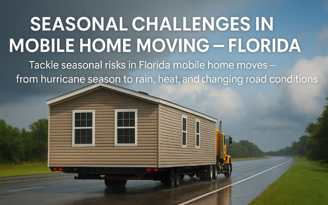 Mobile home on a transport truck in Florida under mixed weather conditions, illustrating seasonal moving challenges