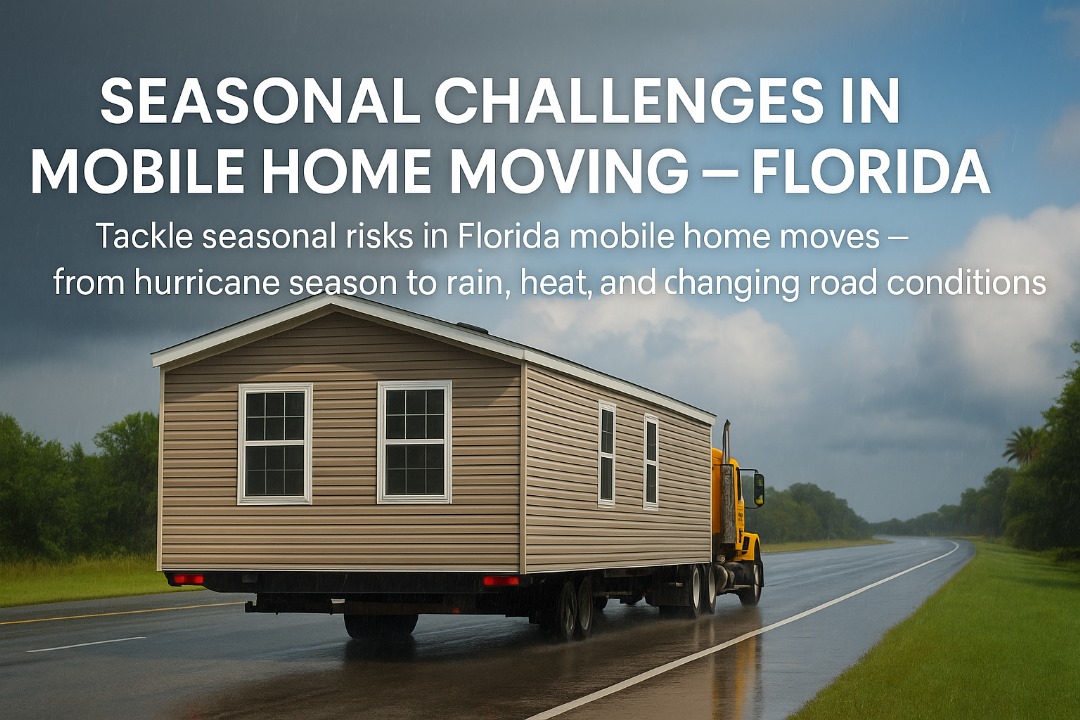 Mobile home on a transport truck in Florida under mixed weather conditions, illustrating seasonal moving challenges