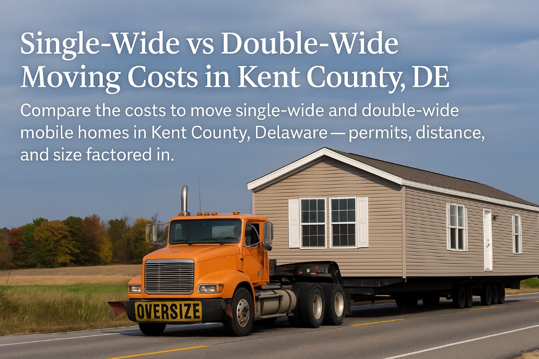Mobile home being transported by a truck — illustrating single-wide vs double-wide moving in Kent County, Delaware