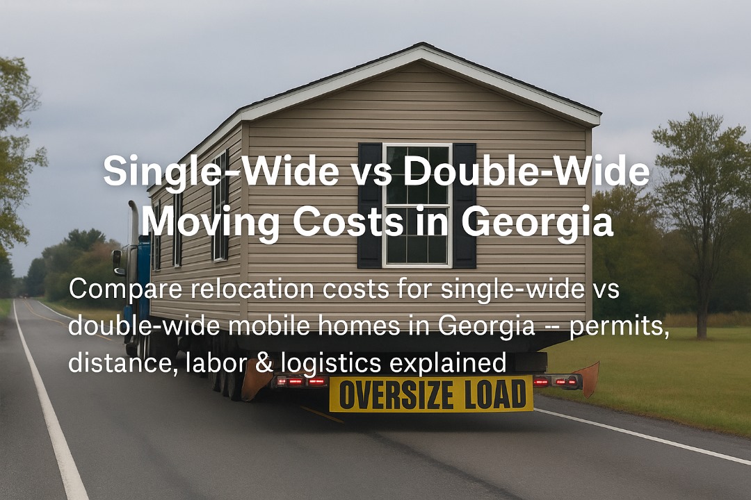 Mobile home loaded on a transport truck in Georgia, illustrating single-wide vs double-wide cost comparison