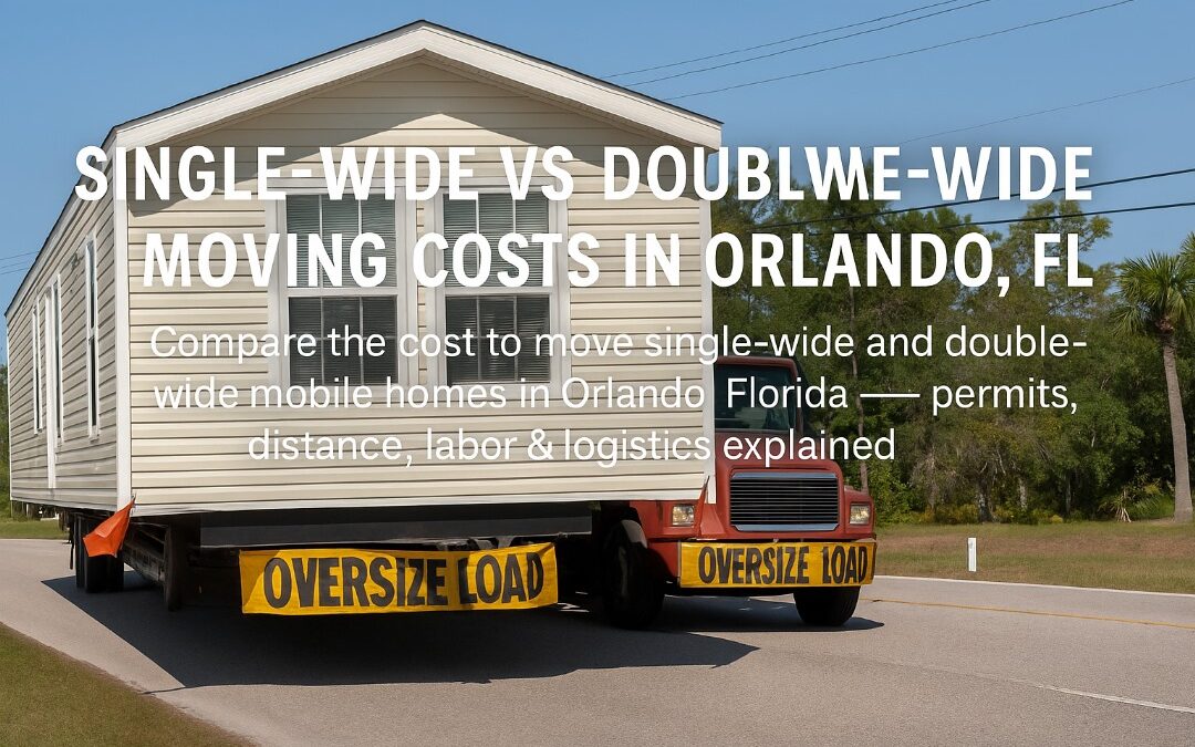 Oversized load truck transporting mobile home in Orlando, Florida — illustrating comparison of single-wide vs double-wide moving costs