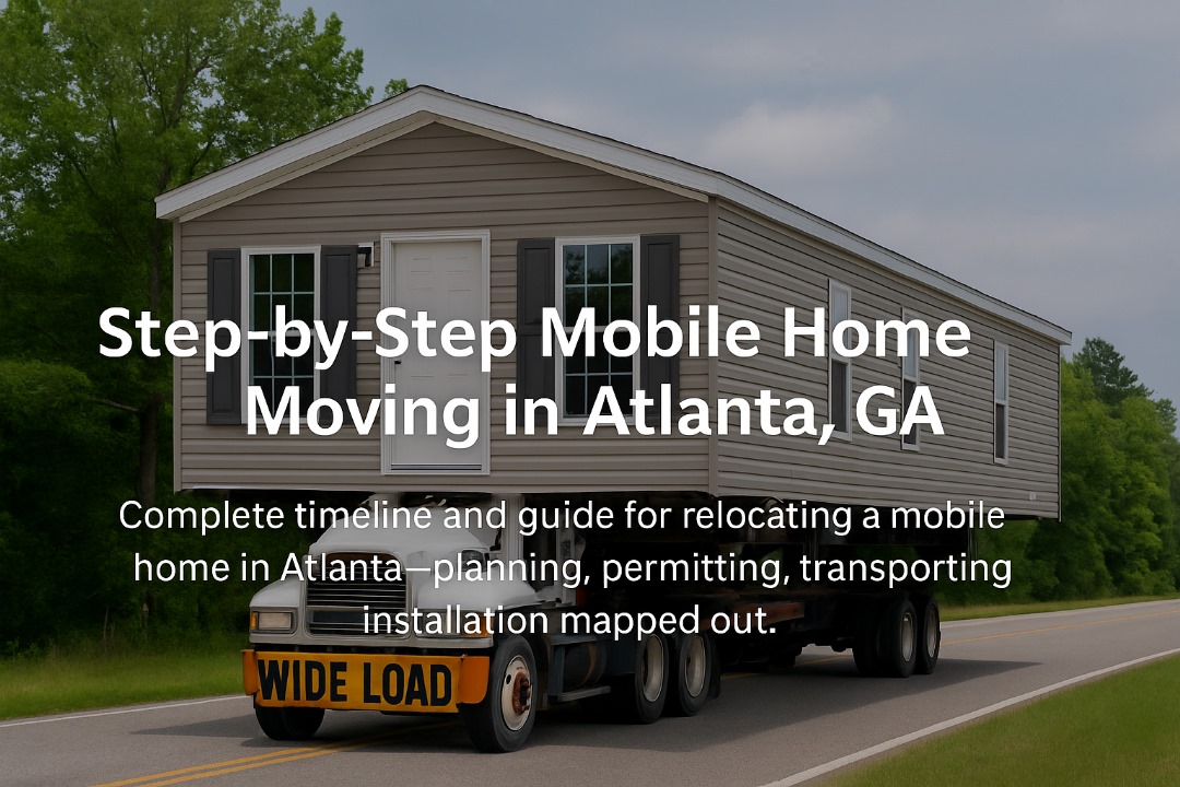 Mobile home being transported on a wide-load truck in Georgia, illustrating the multi-step moving process in Atlanta