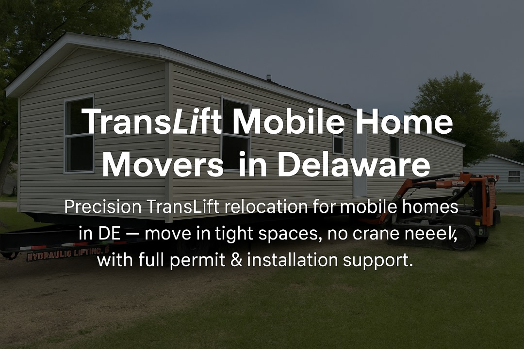 Mobile home being moved using TransLift hydraulic system in Delaware, navigating tight spaces