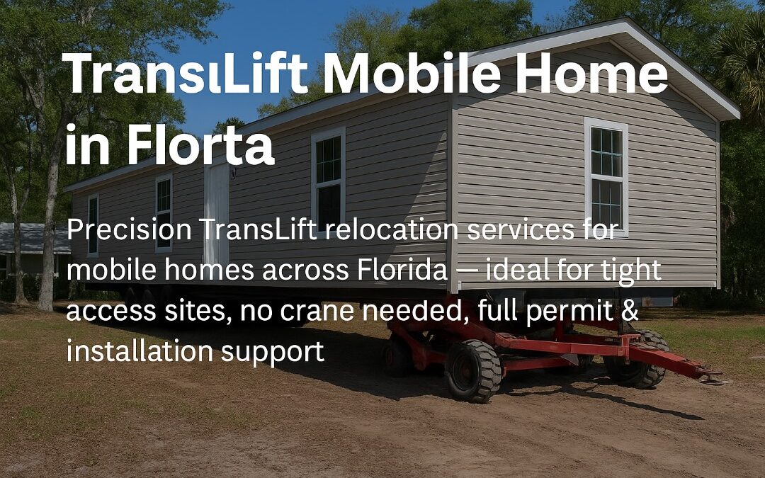 Mobile home being maneuvered using a TransLift system in Florida, showing tight-access relocation work