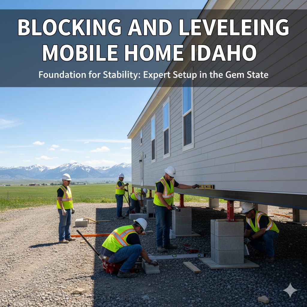 Expert crew in safety gear carefully blocking and leveling a newly installed mobile home in a scenic Idaho landscape with mountains in the background, ensuring a stable foundation