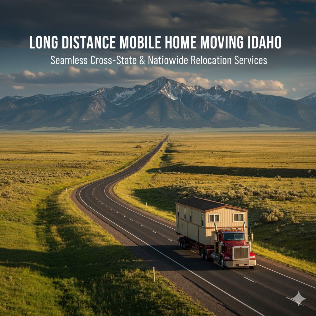 A transport truck carrying a wide-load manufactured home down a long interstate highway, symbolizing the process of long-distance and cross-state mobile home moving from Idaho