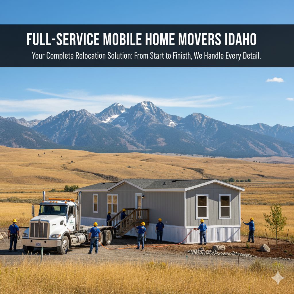 A team of professional movers in uniform coordinating the setup of a mobile home in Idaho, showcasing a full-service operation that includes transport, setup, and utility connections.
