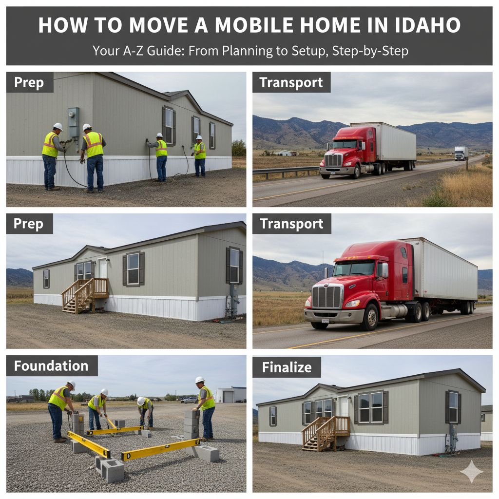 A step-by-step guide on how to move a mobile home in Idaho, with icons for planning, permits, and setup surrounding a central image of a professional transport.