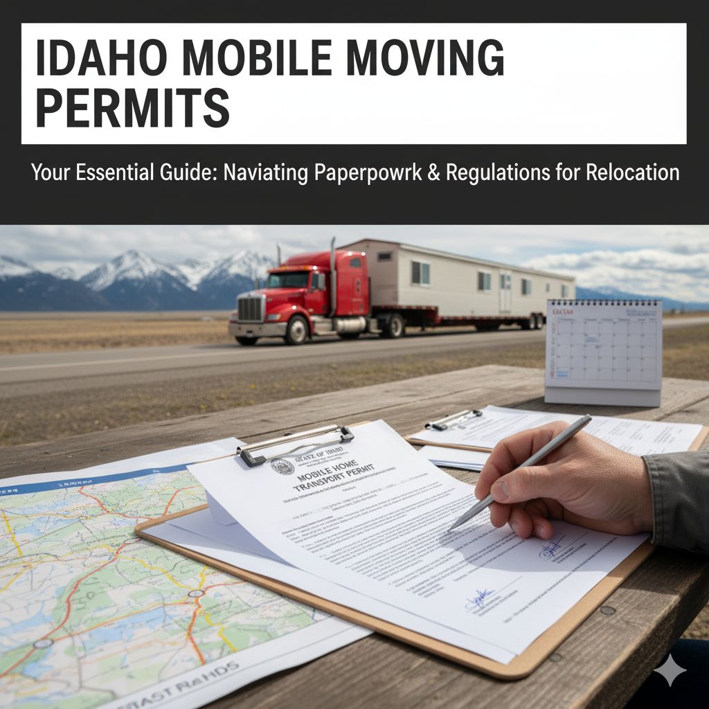 A close-up of a clipboard holding an official Idaho Transport Permit document, with a mobile home blurred in the background, representing the legal paperwork required for relocation