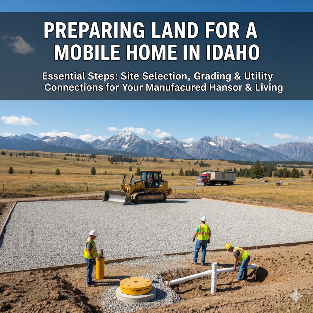 A freshly graded plot of land in Idaho being prepared for a mobile home, with an excavator on-site digging utility trenches and mountains in the background, illustrating the site prep process.