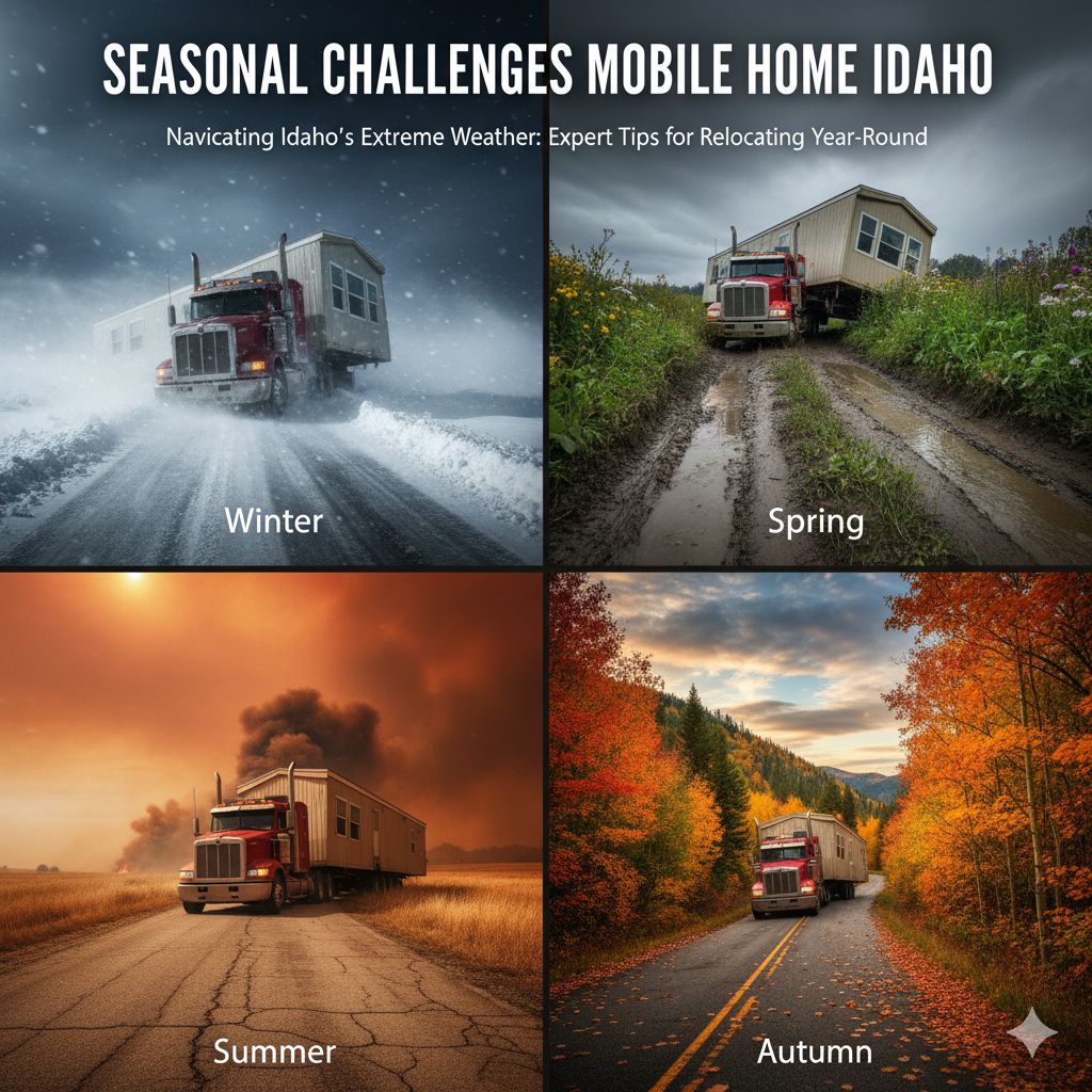 A four-quadrant image showing the seasonal challenges of moving a mobile home in Idaho, with scenes depicting a truck in snowy winter, summer heat, a clear autumn day, and a wet spring road
