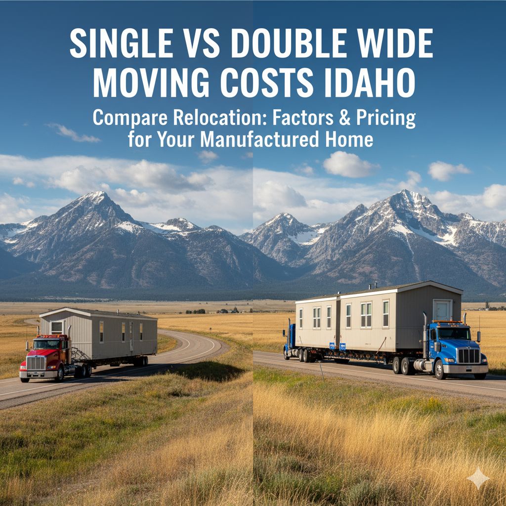 A split-screen image comparing the transportation of a single-wide mobile home on one truck versus a double-wide mobile home requiring two separate trucks, illustrating the cost differences for moving in Idaho
