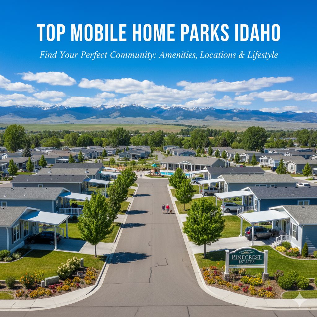 The welcoming entrance to a clean and modern mobile home park in Idaho, with well-kept manufactured homes and manicured lawns, representing top communities in Boise, Nampa, and Meridian