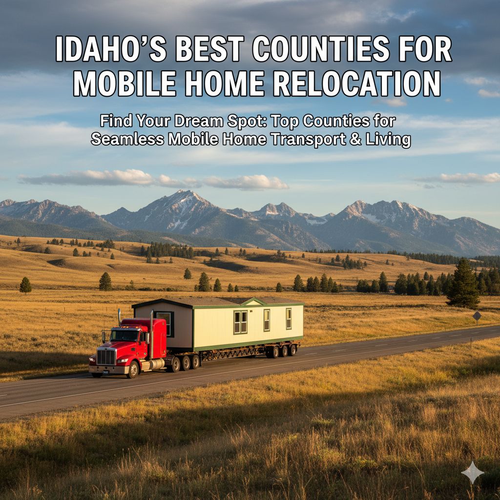 A red truck transports a new manufactured home down a highway in a scenic Idaho valley, illustrating the process of mobile home relocation to one of the state's best counties.