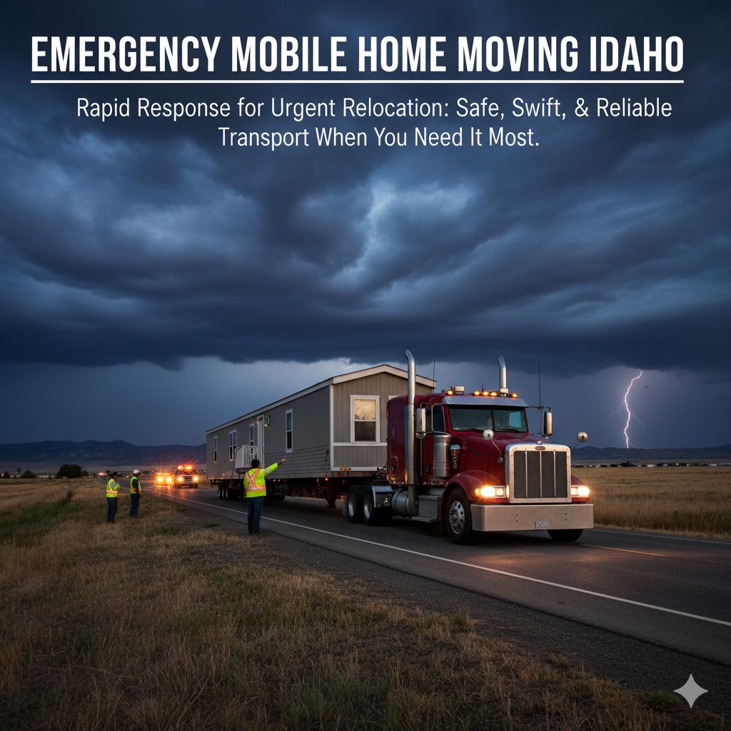 A professional moving truck carefully transports a mobile home under a dramatic, urgent-looking sky, representing Clayton Mobile Home Movers' emergency moving services in Idaho.